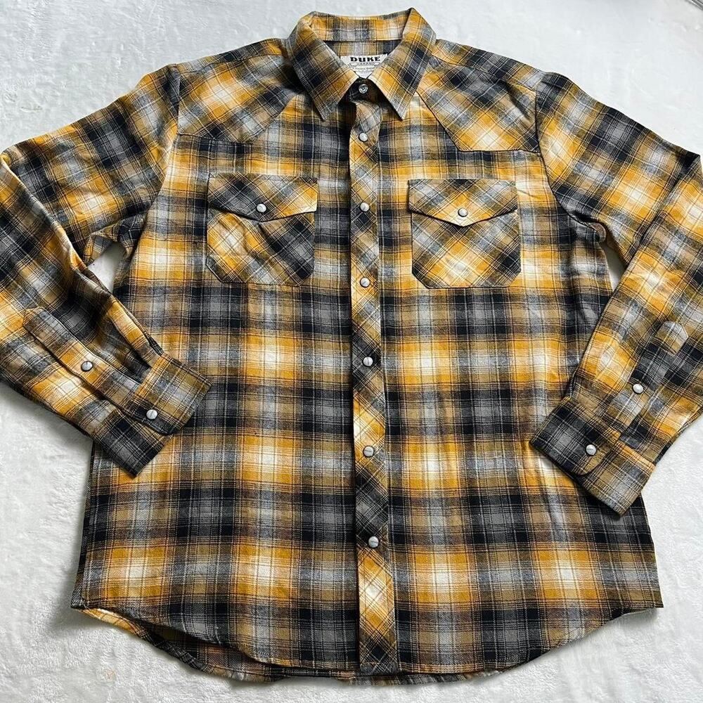 Duke Haband Pearl snap yellow & black flannel shirt men’s size medium